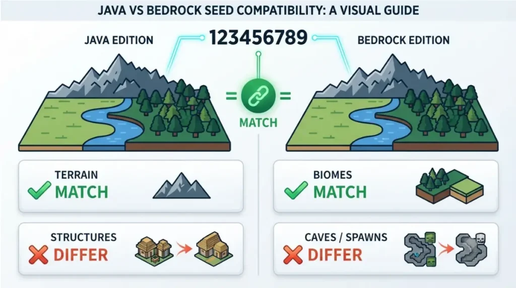 Minecraft Java and Bedrock Seeds comparison showing matching terrain and biomes and differing structures and caves