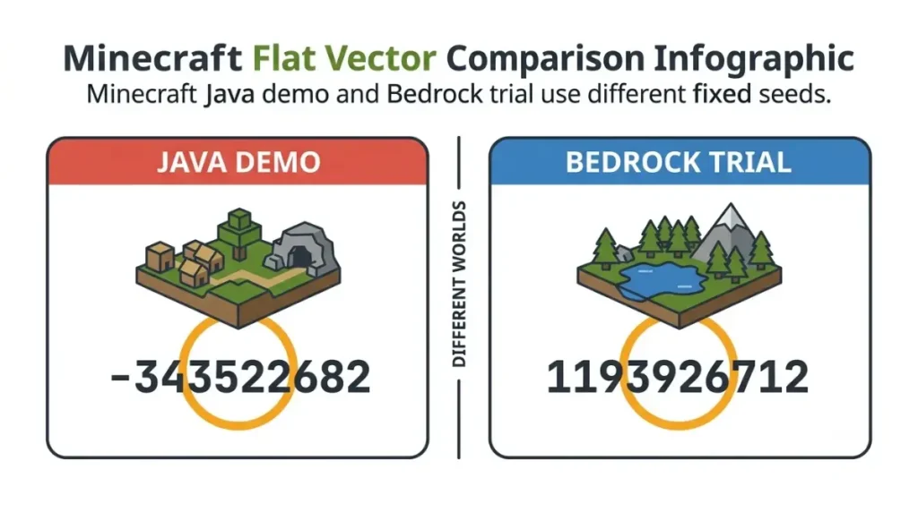 Minecraft Seeds comparison: Java demo seed -343522682 and Bedrock trial seed 1193926712