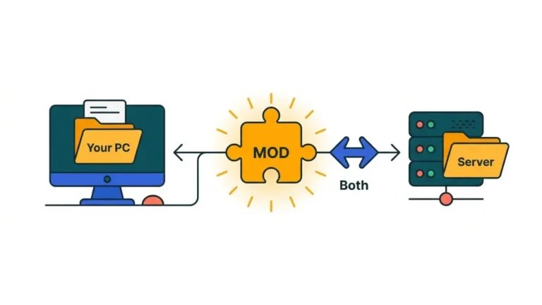 Minecraft mod Client or Server placement diagram showing whether a mod goes on your PC, the server, or both