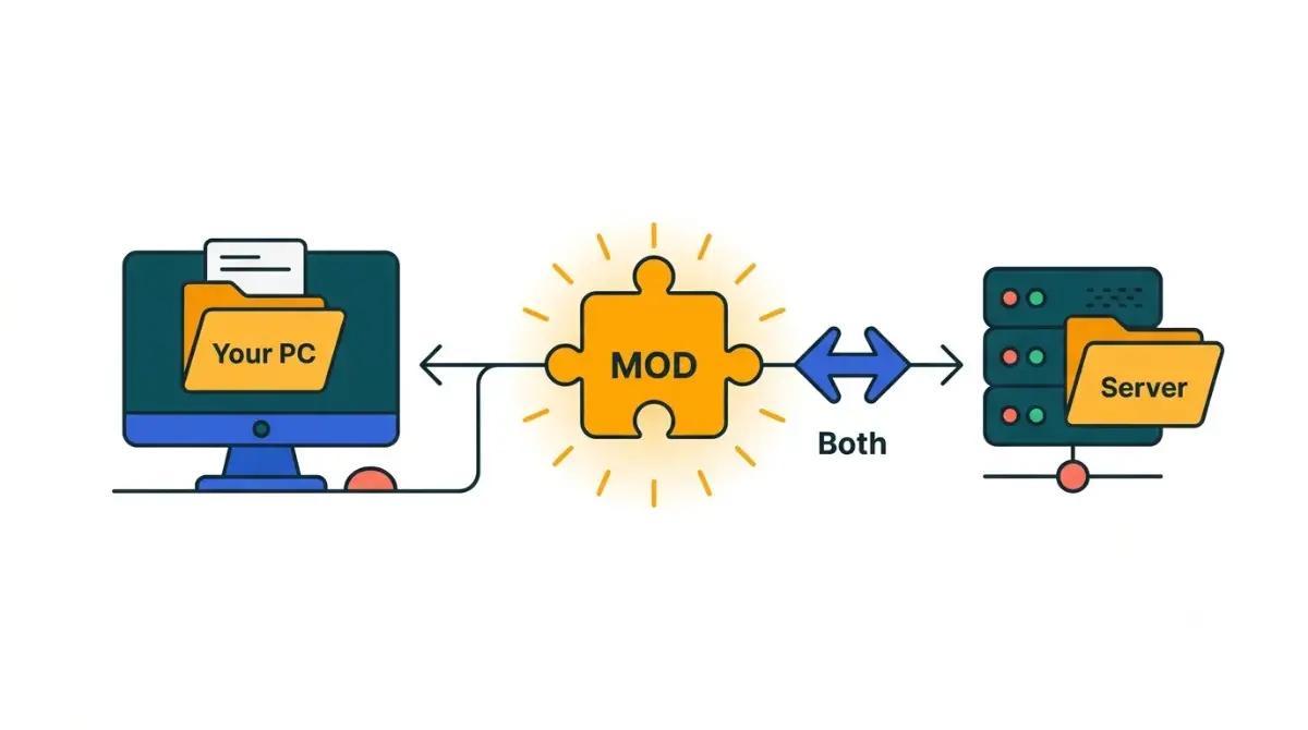 Minecraft mod Client or Server placement diagram showing whether a mod goes on your PC, the server, or both