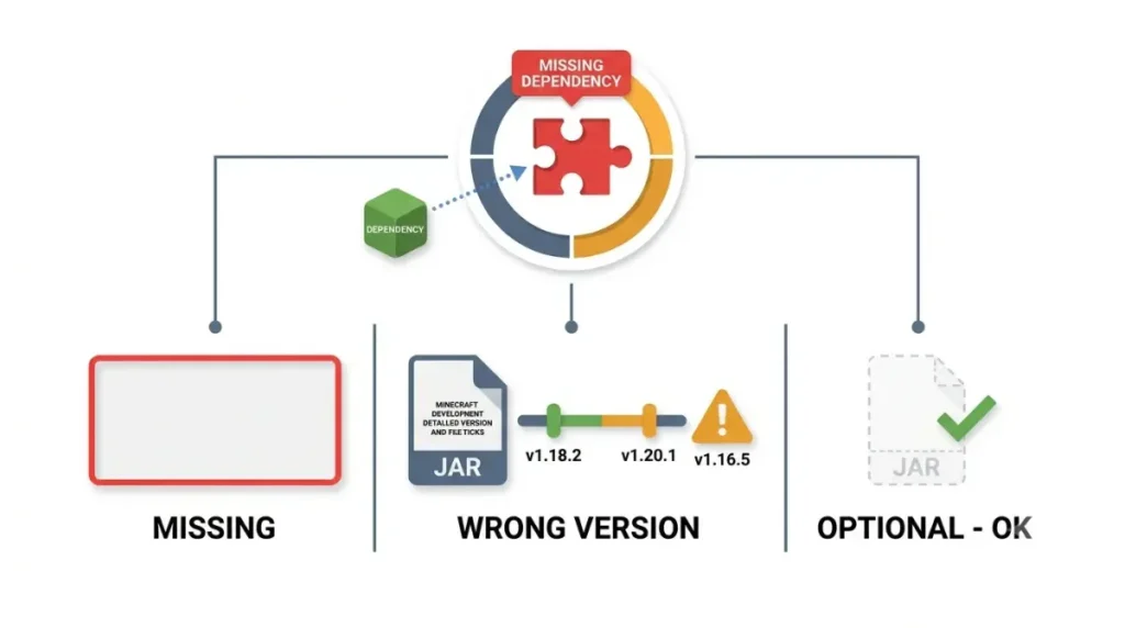 Minecraft Mod dependency error types vector chart comparing missing, wrong version, and optional dependencies.