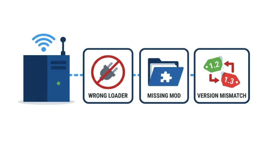 Mod Mismatch error types in Minecraft: vector infographic showing wrong loader, missing mod, and version mismatch errors.