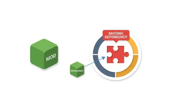 Minecraft Mod missing dependency vector diagram showing a required dependency puzzle piece missing from a mod loader.