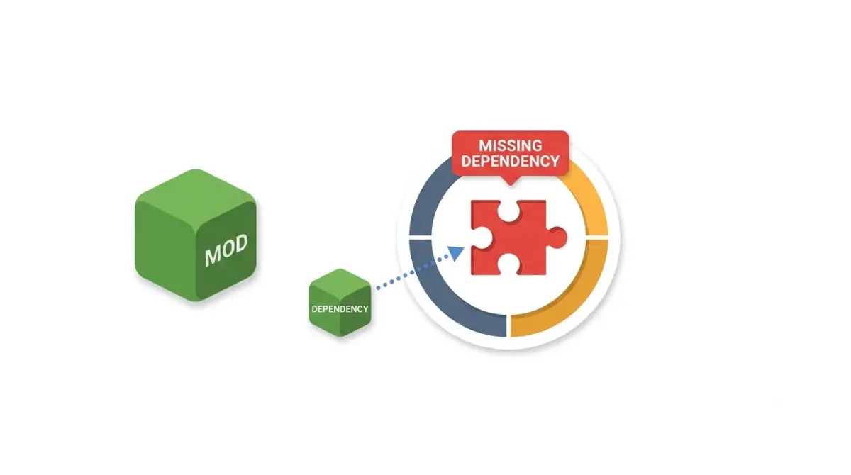 Minecraft Mod missing dependency vector diagram showing a required dependency puzzle piece missing from a mod loader.