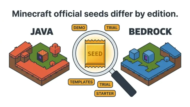 Minecraft Seeds: vector illustration comparing official Java demo seeds and Bedrock trial seeds