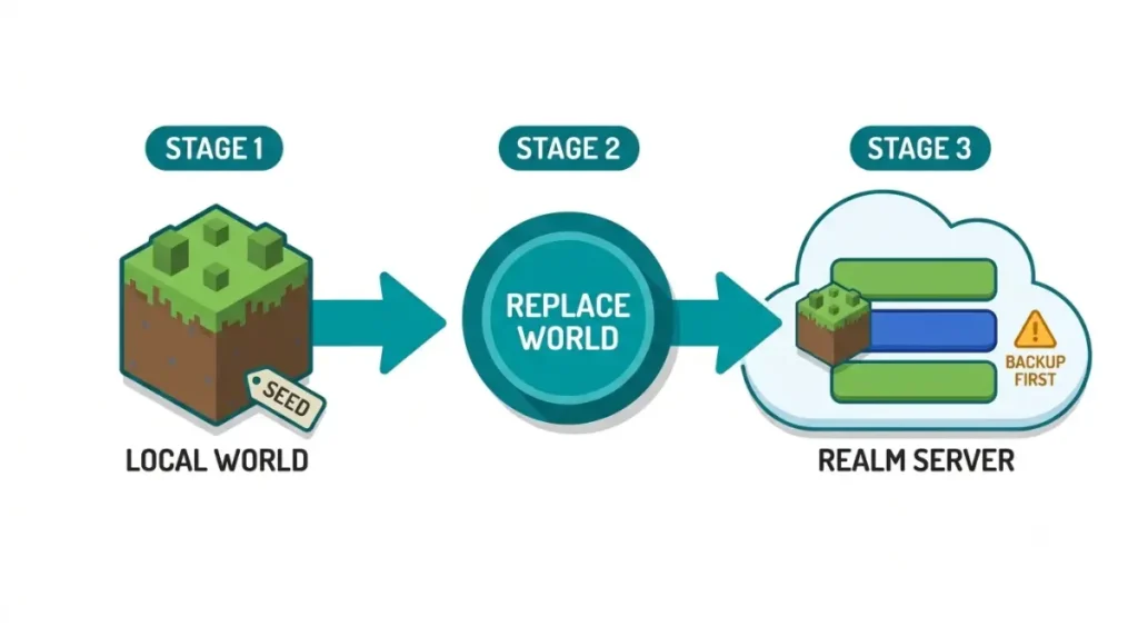 Minecraft Realm Replace World workflow vector showing a local world with a chosen seed being uploaded to a Realm slot.