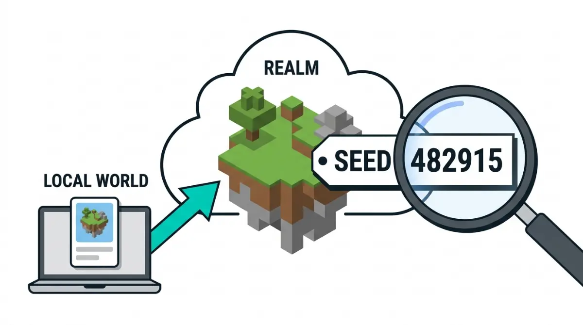 Minecraft Realm seed illustration showing how to pick a seed by uploading a local world to a Realm or find an existing Realm seed.