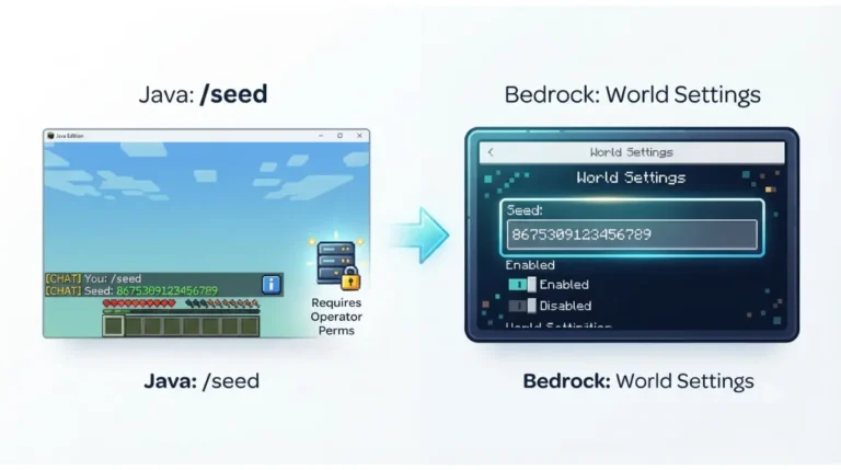 Minecraft seed command guide comparing Java /seed and Bedrock world settings