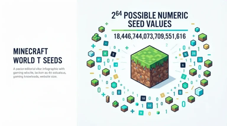 Minecraft seed count illustrated with a voxel grass block and 2⁶⁴ possible numeric seed values.