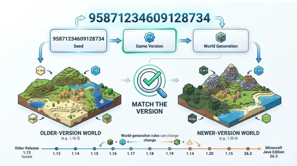 Minecraft Seed version compatibility showing how different game versions can change world generation