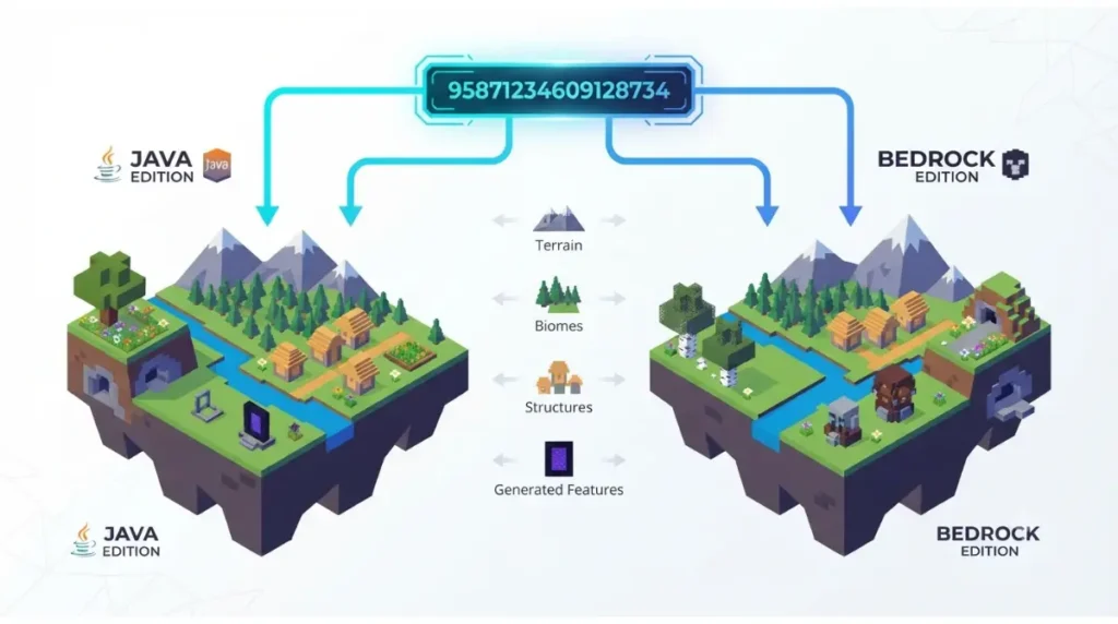 Minecraft Seed comparison showing Java and Bedrock terrain, biomes, and structure differences