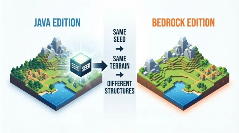 Minecraft Seed comparison showing Java and Bedrock with matching terrain but different village locations