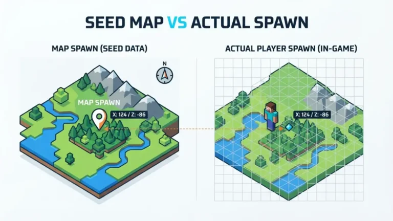 Seed map showing Minecraft spawn marker compared with the actual player spawn location