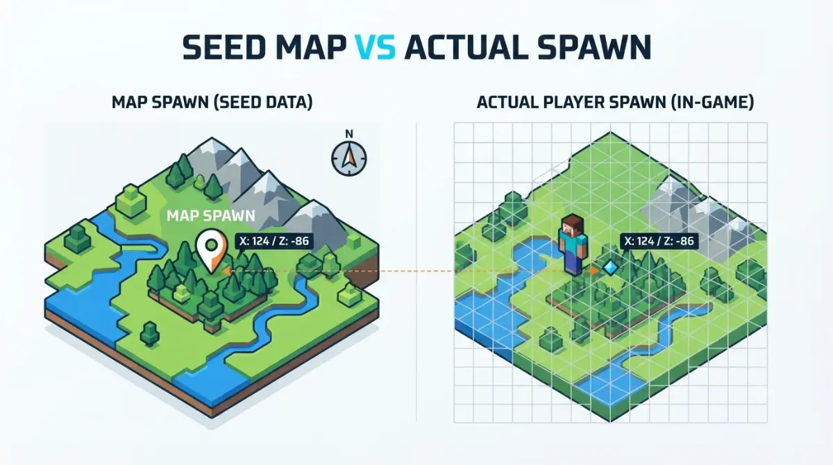 Seed map showing Minecraft spawn marker compared with the actual player spawn location