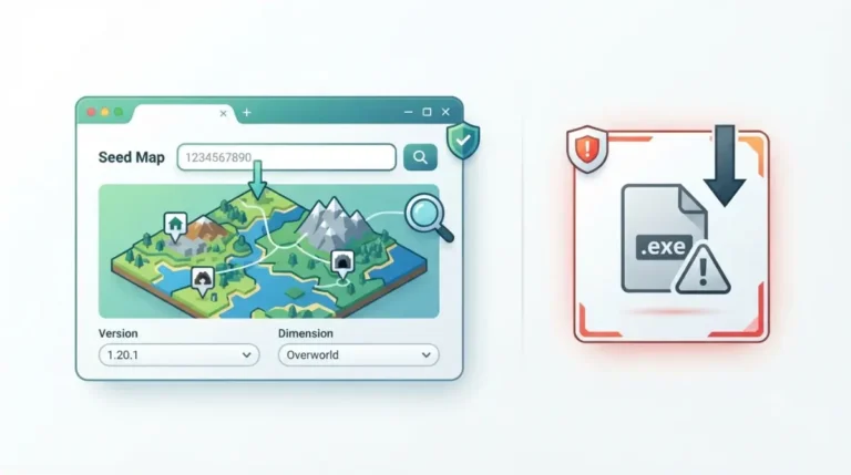 Minecraft seed website safety comparison showing a browser seed map and a suspicious download