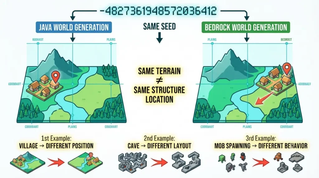 Minecraft Seeds showing the same terrain but different village and structure locations between Java and Bedrock