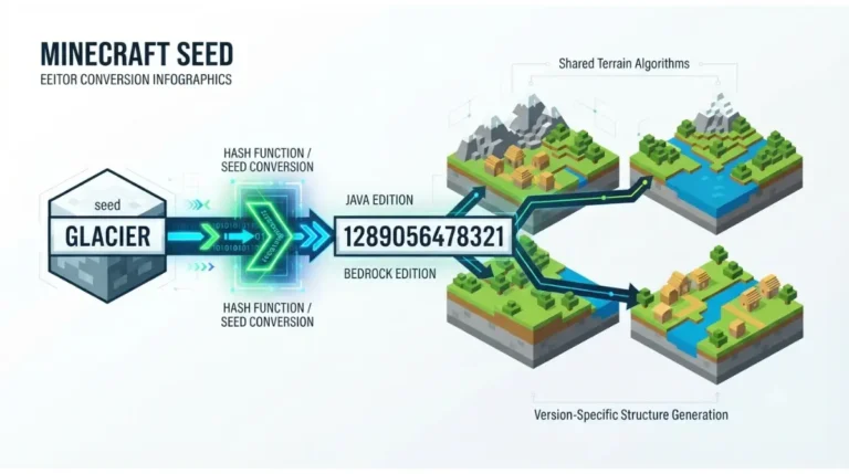 Minecraft text seed converted to a number showing Java and Bedrock world differences