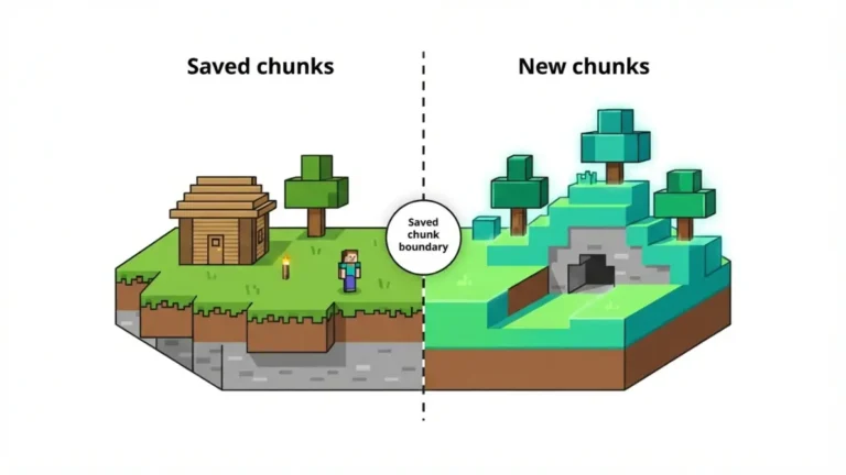 Minecraft update existing world illustration showing saved chunks beside newly generated chunks
