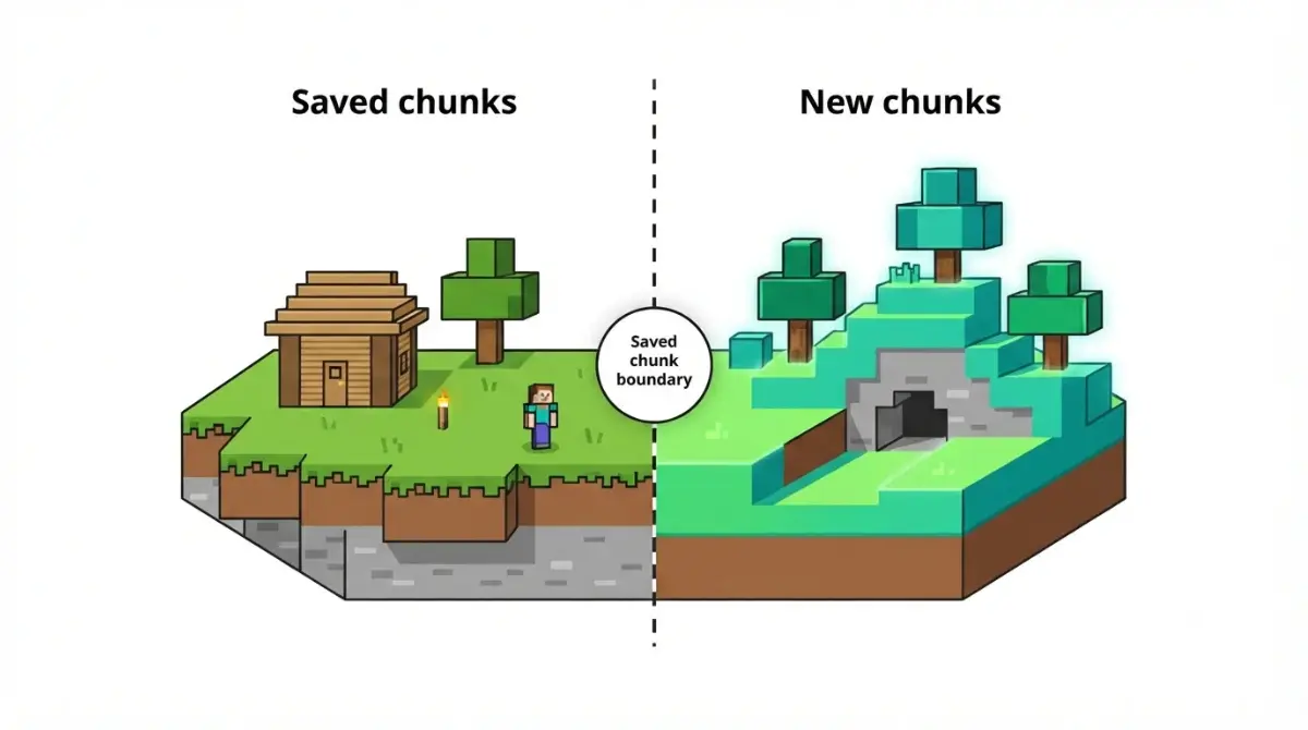 Minecraft update existing world illustration showing saved chunks beside newly generated chunks