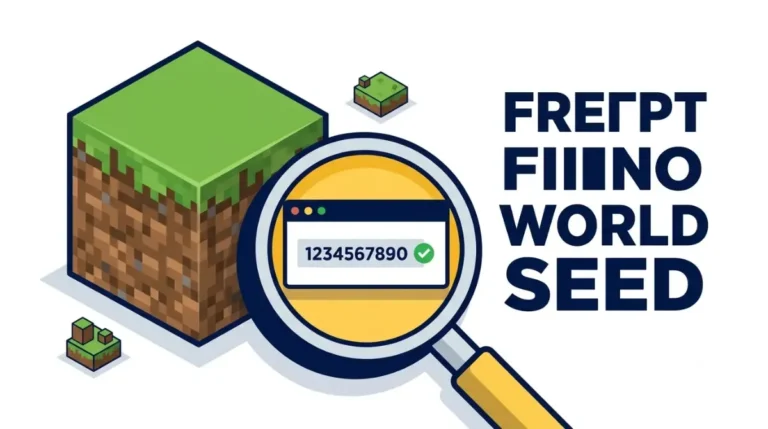 Minecraft world seed shown under a magnifying glass beside a grass block