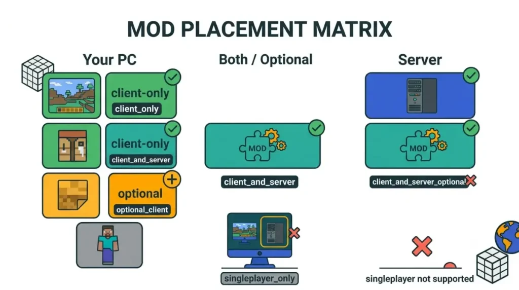 Modrinth Client or Server environment labels chart showing client-only, server-only, both-required, optional, and singleplayer-only Minecraft mods