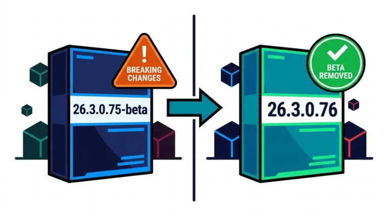 NeoForge 26.3.0.75-beta with breaking-change warning beside NeoForge 26.3.0.76 without the beta label.