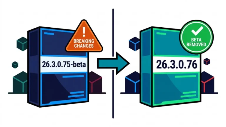NeoForge 26.3.0.75-beta with breaking-change warning beside NeoForge 26.3.0.76 without the beta label.