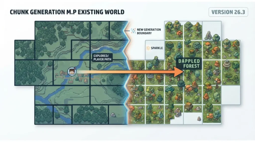 Old Minecraft world showing explored chunks and new dappled forest terrain