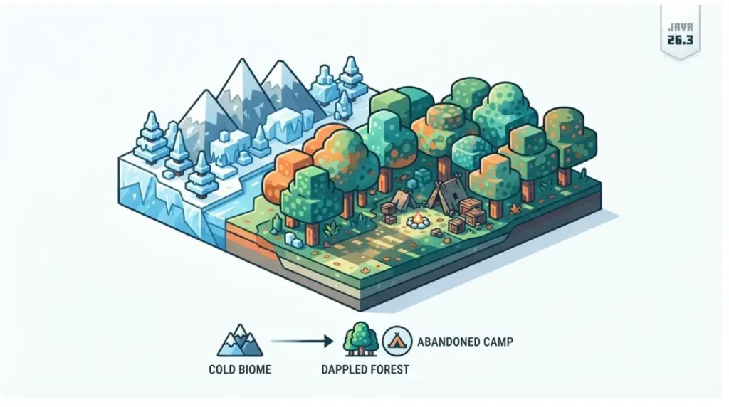 Old seed with dappled forest and cold biome in Minecraft 26.3