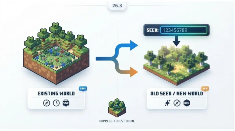 Old seed vs old world in Minecraft 26.3 with a dappled forest