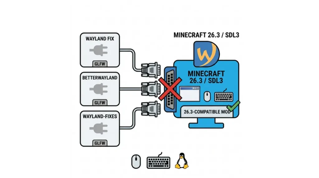 Older GLFW-based Wayland Mods may not connect to Minecraft 26.3 SDL3 in a vector compatibility diagram