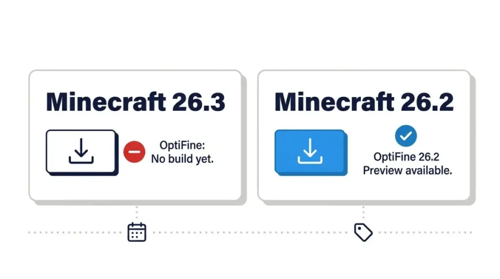 OptiFine version comparison showing no OptiFine build for Minecraft 26.3 and an available OptiFine 26.2 preview